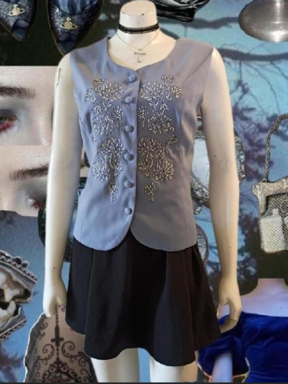 VTG 80s 90s Russ Light Blue Button Up Vest W/ Black & White Floral Pattern Sz 12